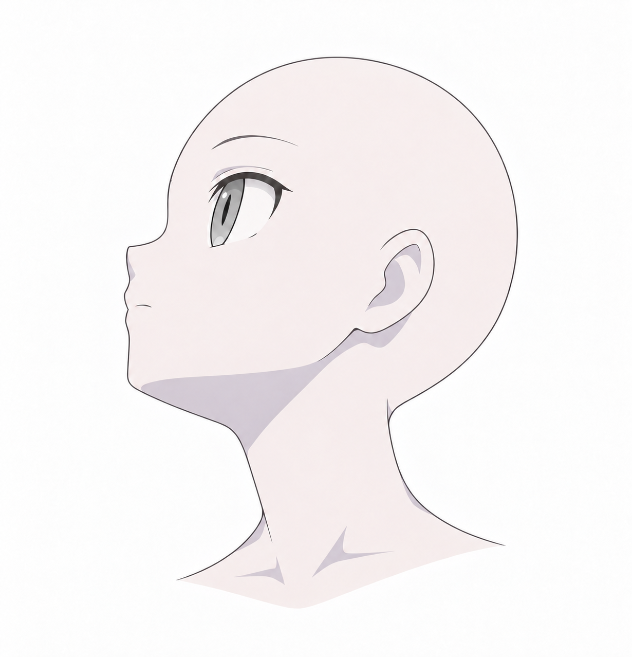 左向き・あおりの汎用顔。髪と装飾なし、灰色の眼、閉じた口。