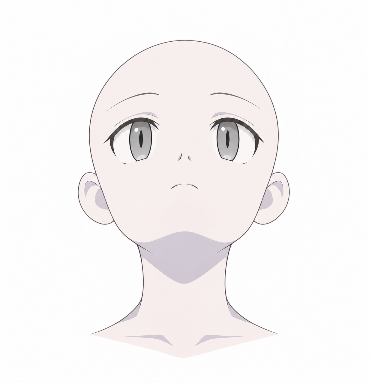 正面・あおりの汎用顔。髪と装飾なし、灰色の眼、閉じた口。
